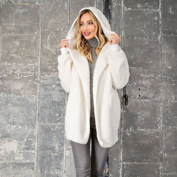 NADINE Plush Faux Fur Hooded Cardigan - Picture 6 of 12